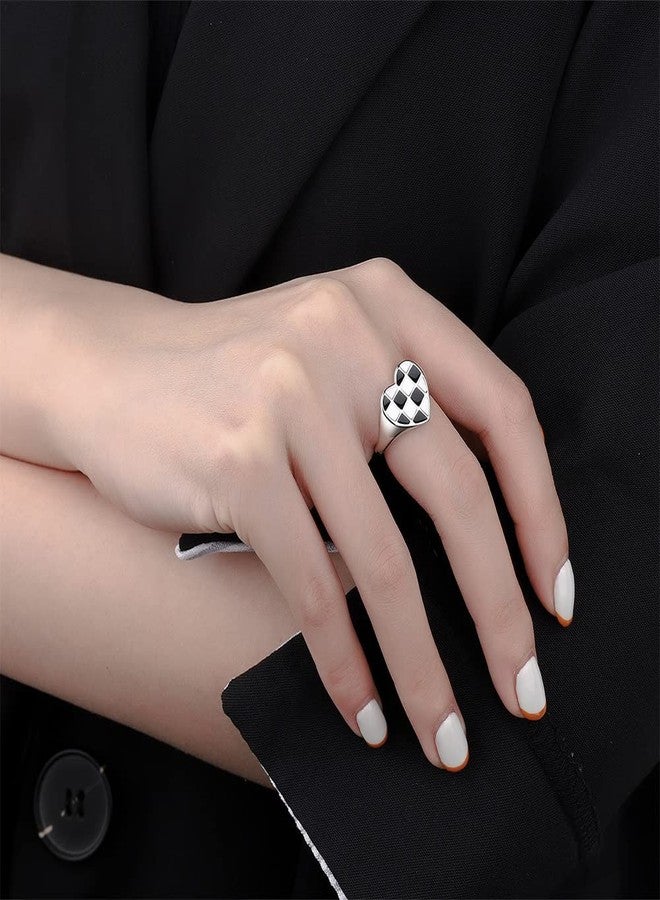Izpack Plaid Love Heart Open Stacking Ring Black and White Checkered Enamel Heart Adjustable Chunky Bands Wedding Valentine's Day Promise Eternity Finger Rings for Women Brides Fashion Jewelry - Image 2